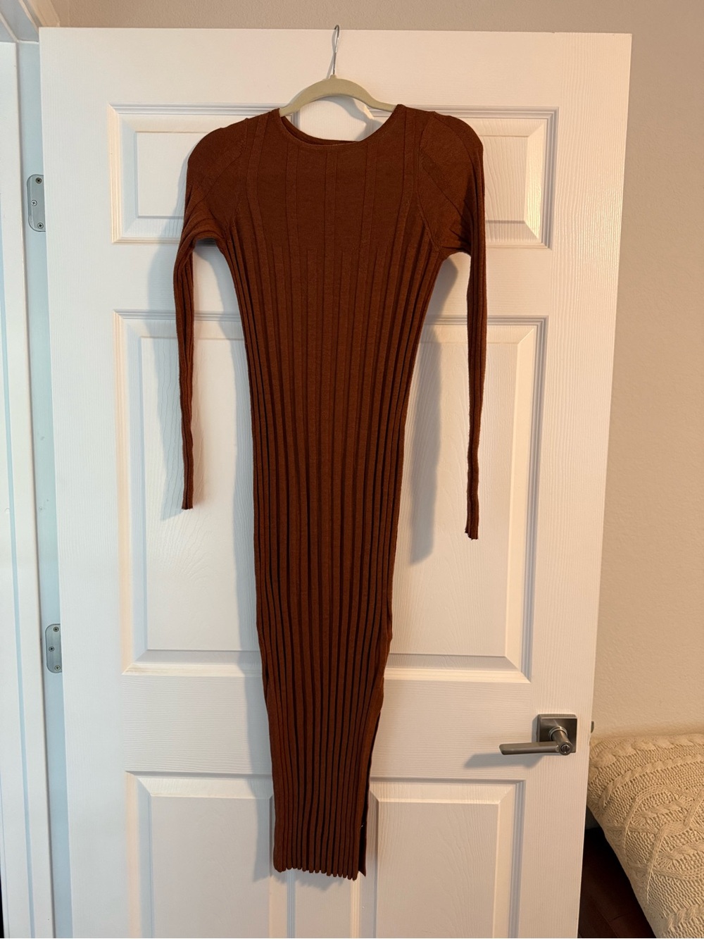 ASOS Long Sleeve Ribbed Midi Dress in Burnt Orange